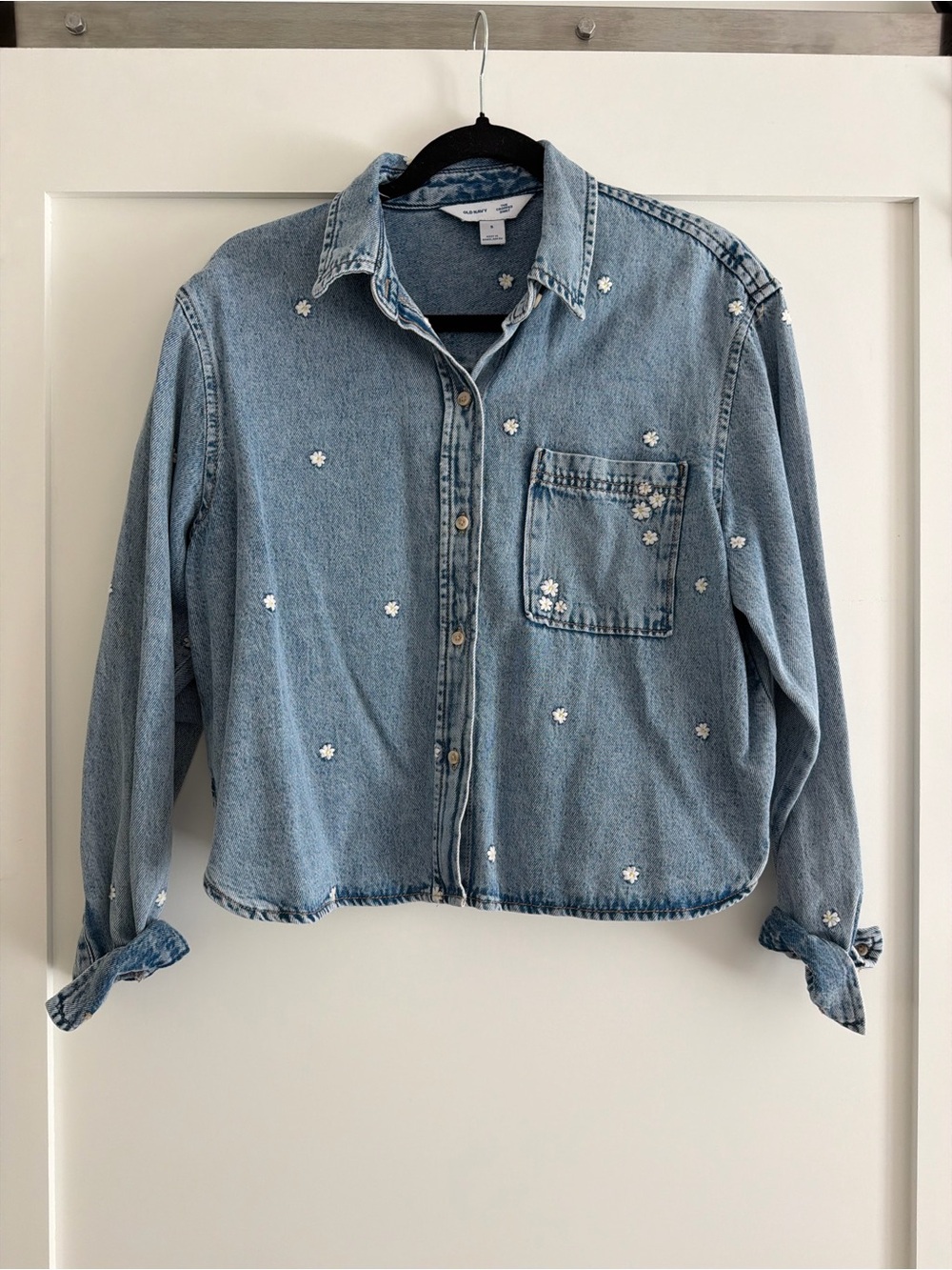 Old Navy Light Blue Denim Jacket with White Daisy Embroidery
